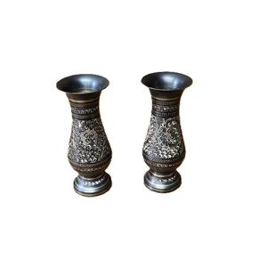 2 Vintage Indian Brass Bud Vases – Hand-Etched Floral Pair, 5.75” Boho Eclectic